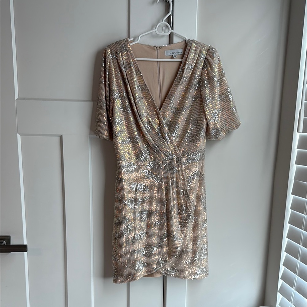 Adelyn Rae Gold Sequin Flutter Sleeve Mini Dress